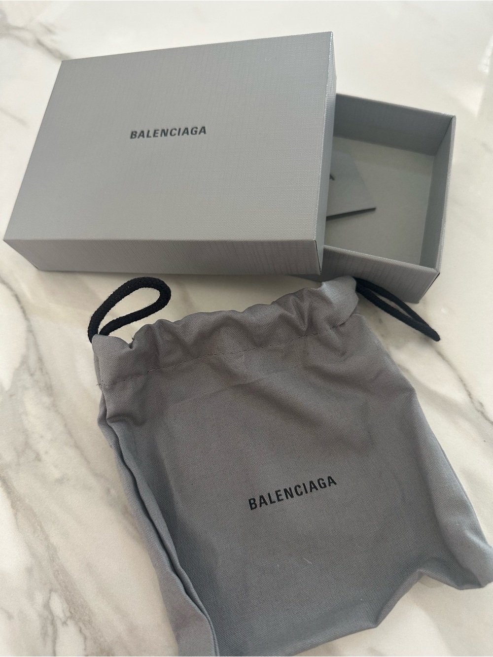 Balenciaga Gray Logo Drawstring Pouch with Box wallet size